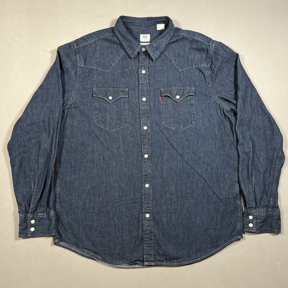 Levis Mens Western Pearl Snap Denim Shirt Dark Blue Button Up Size L Cowboy